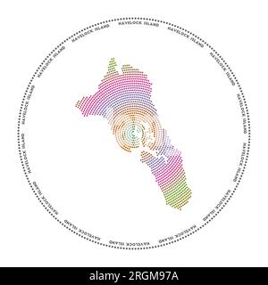 Rundes Havelock Island Logo. Havelock Island in digitaler Form im gepunkteten Kreis mit Inselname. Tech-Symbol mit abgestuften Punkten. Toller Vektor i Stock Vektor