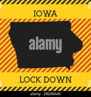 Iowa Lock-Down-Schild. Gelbes Symbol für Pandemiegefahr des US-Bundesstaates. Vektorabbildung. Stock Vektor