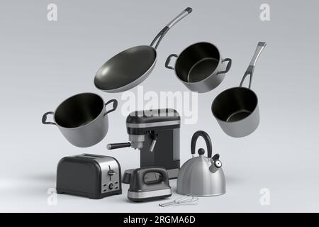 Espressomaschine, Handmixer, Wasserkocher und Toaster für die Zubereitung des Frühstücks auf weißem Hintergrund. 3D Render der Kaffeekocher für Latte-Kaffee Stockfoto