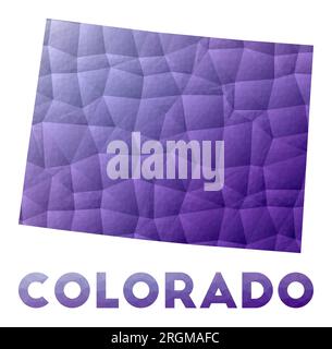 Karte von Colorado. Abbildung des US-Bundesstaates mit niedrigem Poly. Violettes geometrisches Design. Polygonale Vektordarstellung. Stock Vektor
