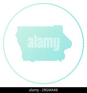 Iowa Digital Badge. Gepunktete Karte von Iowa im Kreis. Techniksymbol des US-Bundesstaates mit abgestuften Punkten. Elegante Vektorillustration. Stock Vektor