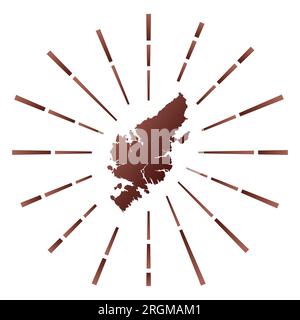 Lewis und Harris haben einen Sonnenaufgang. Karte der Insel mit farbenfrohen Sternenstrahlen. Stock Vektor