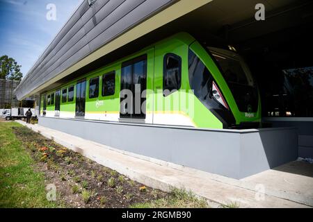 Bogota, Kolumbien. 10. Aug. 2023. Ein Blick auf die U-Bahn während der Einweihung einer U-Bahn des zukünftigen U-Bahn-Systems von Bogota als Kulturschule für öffentliche Verkehrsmittel am 10. August 2023. Foto von: Chepa Beltran/Long Visual Press Credit: Long Visual Press/Alamy Live News Stockfoto