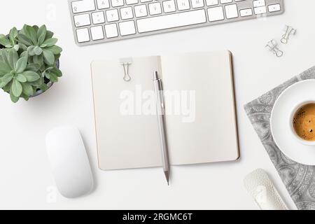 Heller, minimalistischer Arbeitsplatz mit offenem Notizbuch, Büromaterial, Kaffee und saftiger Pflanze auf weißem Hintergrund – Draufsicht, Kopierraum Stockfoto