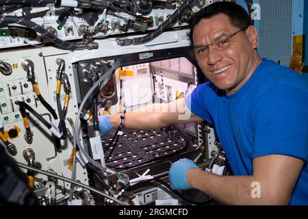 Internationale Raumstation, Erdumlaufbahn. 25. Juli 2023. Internationale Raumstation, Erdumlaufbahn. 25. Juli 2023. NASA-Astronaut und Expedition 68 Flugingenieur Frank Rubio arbeitet an der Ausdünnung von Kresse-Setzlingen im Pflanzenlebensraum an Bord der Internationalen Raumstation am 25. Juli 2023 in der Erdumlaufbahn. Rubio dünnt die Sprossen aus, um eine einzelne gesunde Pflanze pro Einheit zu erhalten, während die Besatzung die laufenden Untersuchungen fortsetzt, ob Anpassungen in einer Generation von Pflanzen, die im Weltraum wachsen, auf die nächste übertragen werden können. Kredit: NASA/NASA/Alamy Live News Stockfoto