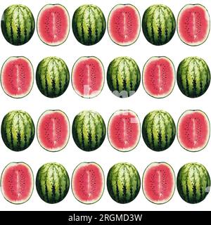 Wassermelonen mit nahtlosem Muster, handgezeichnete Wasserfarben-Illustration isoliert auf weißem Hintergrund. Für Postkarten, Grußkarten, Einladungen, Textilien. Stockfoto