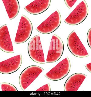 Wassermelonen nahtloses Muster, handgezeichnete Wasserfarben-Illustration isoliert auf weißem Hintergrund. Für Postkarten, Grußkarten, Einladungen, Textilien. Stockfoto
