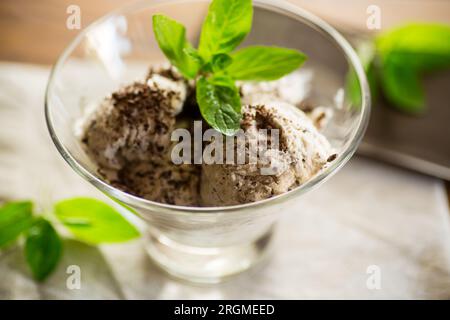 Hausgemachtes Eis mit Stücken geriebener dunkler Schokolade, in einer Schüssel auf einem Holztisch. Stockfoto