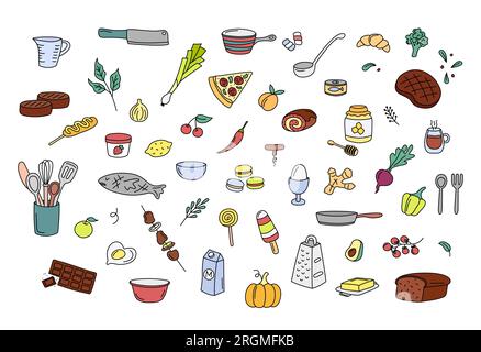 Kochen von Kritzeleien, Küchenelemente-Vektorset. Niedliche bunte Doodle Illustrations Sammlung von Utensilien, Küchenutensilien, Speisen, Zutaten für Mahlzeiten. Umriss Stock Vektor