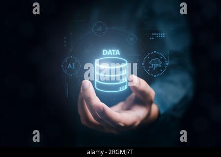 Symbol für Datenvisualisierung, Datenanalyst und Speicher für virtuelles Hologramm auf dem Bildschirmhintergrund. Stockfoto
