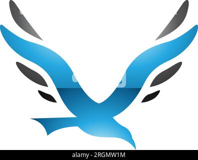 Blaues und schwarzes, glänzendes Vogel-Symbol mit V-Buchstaben auf weißem Hintergrund Stock Vektor