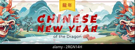 Der chinesische Drachenkopf auf dem Naturhintergrund. Horizontales Kunstbanner für das chinesische Neujahr 2024. Asiatische festliche Grußkarte. Orientalische Mythosschlange. Textübersetzung aus Chinesisch: Jahr des Drachen. Vektor eps Stock Vektor
