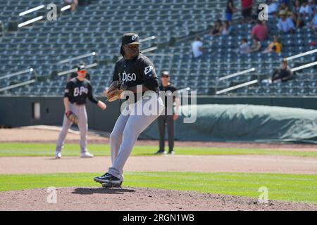 August 6 2023: El Paso Pitcher Moises Lugo (55) wirft während des Spiels mit El Paso Chihuahuas und Salt Lake Bees im Smiths Field in Salt Lake Ut. David Seelig/Cal Sport Medi Stockfoto