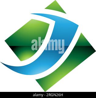 Grünes und blaues glänzendes quadratisches J-Symbol mit Rautenmuster auf weißem Hintergrund Stock Vektor