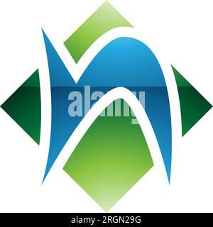 Grünes und blaues Symbol für den glänzenden Buchstaben N mit einer quadratischen Rautenform auf weißem Hintergrund Stock Vektor