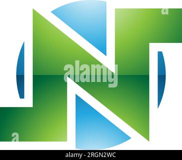 Grünes und blaues, glänzendes, rundes, fettgedrucktes N-Symbol auf weißem Hintergrund Stock Vektor