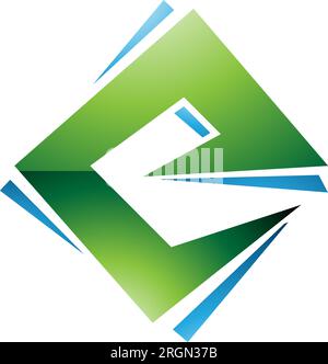 Grünes und blaues glänzendes quadratisches Rautensymbol E auf weißem Hintergrund Stock Vektor
