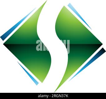 Grünes und blaues glänzendes quadratisches, rautenförmiges S-Symbol auf weißem Hintergrund Stock Vektor