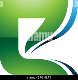 Grünes und blaues gewelltes Symbol mit dem glänzenden Buchstaben E auf weißem Hintergrund Stock Vektor
