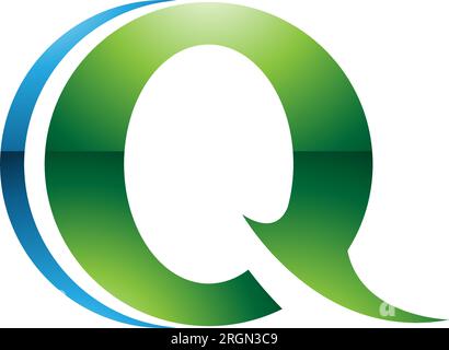 Grünes und blaues, glänzendes, spiky, rundes Q-Symbol auf weißem Hintergrund Stock Vektor