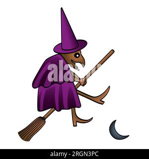 Eine Hexe, die auf dem Besen reitet, im Aquarellstil. Eine alte Frau benutzt ihre Hexerei. Ein Symbol aus der alten europäischen Folklore. Stockfoto