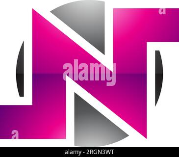 Magentafarbenes und schwarzes, glänzendes, rundes, fettgedrucktes N-Symbol auf weißem Hintergrund Stock Vektor