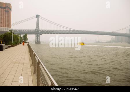 Williamsburg Bridge aus dem Domino Park, Williamsburg, Brooklyn, an einem nebligen und nebligen Tag. Ein gelbes Taxiboot, das darunter vorbeifährt. Weitwinkel. Stockfoto