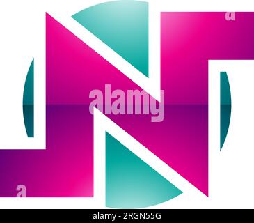 Magentafarbenes und grünes, glänzendes, rundes, fettgedrucktes N-Symbol auf weißem Hintergrund Stock Vektor
