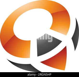 Orangefarbenes und schwarzes, glänzendes, kompassförmiges Q-Symbol auf weißem Hintergrund Stock Vektor