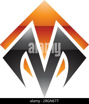 Orangefarbenes und schwarzes glänzendes quadratisches, rautenförmiges M-Symbol auf weißem Hintergrund Stock Vektor