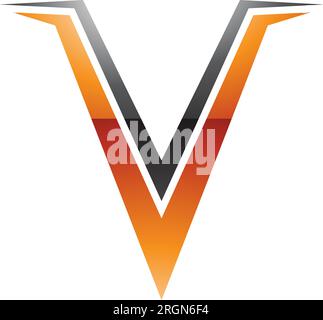 Orangefarbenes und schwarzes, glänzendes, spikyförmiges V-Symbol auf weißem Hintergrund Stock Vektor