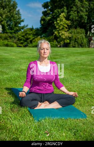 Ein Yoga-Lehrer, der im Sommer Yoga im Freien macht Stockfoto