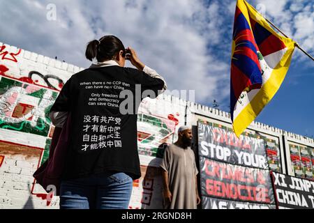 Lydia Lui, 44, trägt ein T-Shirt mit Anti-Peking-Slogans in der Brick Lane. Brick Lane in East London, historisch gefeiert für seine vielseitige Straßenkunst, wurde kürzlich in einen umstrittenen Graffiti-Krieg verwickelt. Der Konflikt begann am Samstag, den 5., als eine Gruppe von Künstlern die '12 sozialistischen Grundwerte' der Kommunistischen Partei Chinas präsentierte. In 24 fettgedruckte rote chinesische Schriftzeichen auf einer 100m-mm-Wand. Diese Werte sind "Wohlstand", "Demokratie", "Höflichkeit" und "Harmonie"; die sozialen Werte von "Freiheit", "Gleichheit", "Gerechtigkeit" und "Rechtsstaatlichkeit"; und die individuellen Werte von "Patriotismus" und "Demokratie" Stockfoto