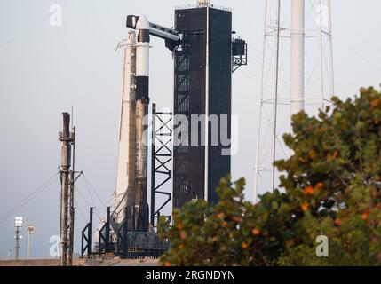 Reportage: Axiom Mission 1 (April 2022) - Eine SpaceX Falcon 9 Rakete mit dem Crew Dragon-Raumschiff der Firma wird bei Sonnenaufgang auf dem Startplatz des Startkomplexes 39A gesehen, während die Vorbereitungen für Axiom Mission 1 (AX-1) am Donnerstag, den 7. April 2022, im Kennedy Space Center der NASA in Florida fortgesetzt werden. Stockfoto