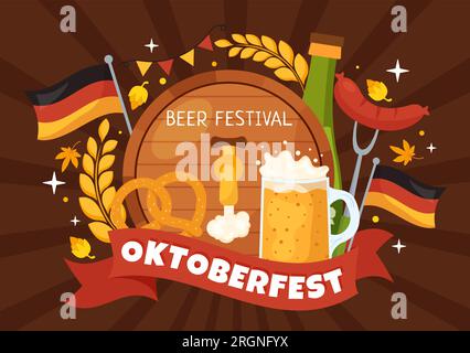 Happy Oktoberfest Party Festival Vector Illustration mit Bier, Wurst, Lebkuchen, deutscher Flagge und ets Hintergrund flache handgezeichnete Zeichentrickfilme Stock Vektor