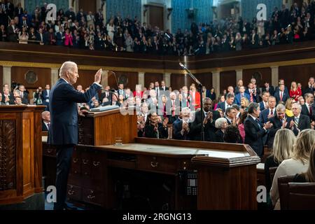 Reportage: Präsident Bidens Rede zur Lage der Union 2023 - Präsident Joe Biden hält seine Rede zur Lage der Union am Dienstag, den 7. Februar 2023, auf der Etage des US-Kapitols Stockfoto