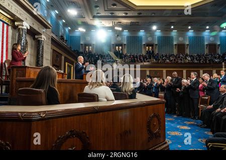 Reportage: Präsident Bidens Rede zur Lage der Union 2023 - Präsident Joe Biden hält seine Rede zur Lage der Union am Dienstag, den 7. Februar 2023, auf der Etage des US-Kapitols Stockfoto