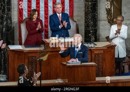 Reportage: Präsident Bidens Rede zur Lage der Union 2023 - Präsident Joe Biden hält seine Rede zur Lage der Union am Dienstag, den 7. Februar 2023, auf der Etage des US-Kapitols Stockfoto