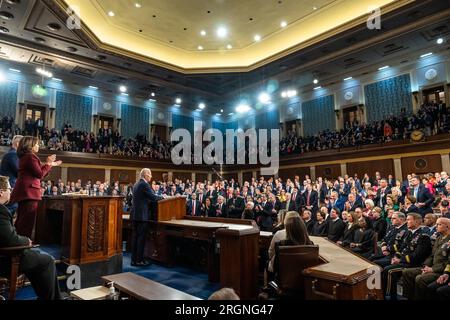 Reportage: Präsident Bidens Rede zur Lage der Union 2023 - Präsident Joe Biden hält seine Rede zur Lage der Union am Dienstag, den 7. Februar 2023, auf der Etage des US-Kapitols Stockfoto