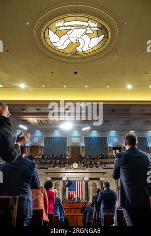 Reportage: The State of the Union Address 2023 - President Joe Biden übergibt seine Rede zur Lage der Union am Dienstag, den 7. Februar 2023, auf der Etage des US-Kapitols Stockfoto