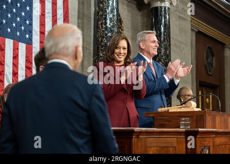 Reportage: The State of the Union Address 2023 - President Joe Biden übergibt seine Rede zur Lage der Union am Dienstag, den 7. Februar 2023, auf der Etage des US-Kapitols Stockfoto