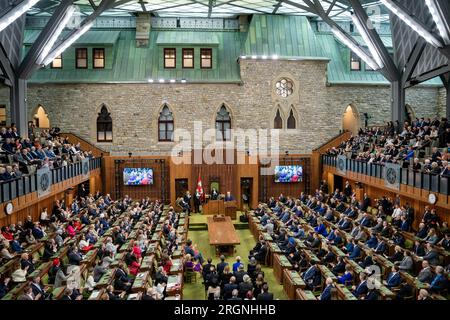 Bericht: Besuch von Präsident Biden in Ottawa, Kanada (2023) - Präsident Joe Biden spricht am Freitag, den 24. März 2023, im Parliament Hill in Ottawa, Ontario, Kanada. Stockfoto