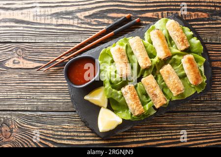 Vietnamesische und gebratene Frühlingsrollen mit Huhn und Gemüse, serviert mit Sauce, Nahaufnahme auf einem Teller auf dem Tisch. Horizontale Draufsicht von oben Stockfoto