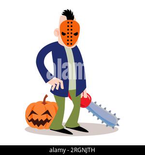 Der Mörder hält die Kettensäge. Süße halloween-Zeichentrickfiguren. Vector . Stock Vektor