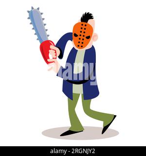 Der Mörder hält die Kettensäge. Süße halloween-Zeichentrickfiguren. Vector . Stock Vektor