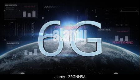 Bild der Datenverarbeitung über 6g Text und Globus Stockfoto