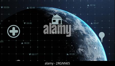 Bild mehrerer digitaler Symbole über das Grid-Netzwerk gegen sich drehende Globus im Weltraum Stockfoto