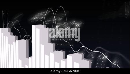 Abbildung: Verarbeitung von Finanzdaten und Binärcodierung auf schwarzem Hintergrund Stockfoto