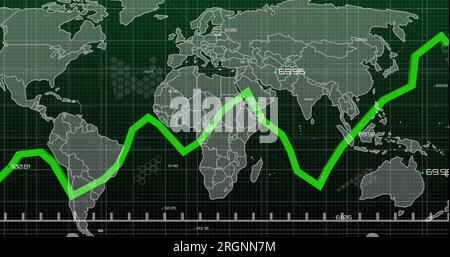 Bild der Verarbeitung statistischer Daten auf der Weltkarte vor grünem Hintergrund Stockfoto