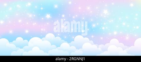 Rosa und blauer Himmel. Pastellfarbener verlaufender Hintergrund mit flauschigen Wolken. Abstrakte, verschwommene Vektordarstellung. Sonnenhimmel Panorama Tapete Stock Vektor
